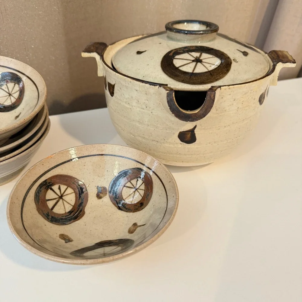 Japanese Otagiri Pottery Lidded Soup Tureen and 5 Bowl Set Speckled Stoneware